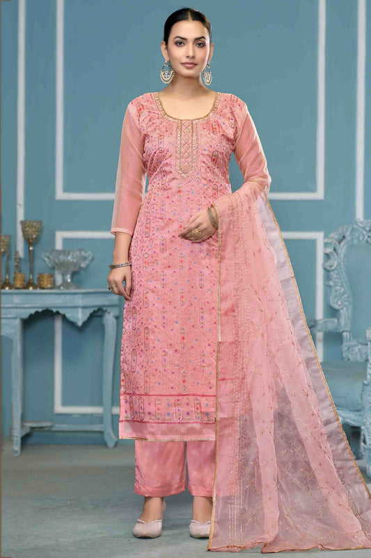 Baby Pink Colour Viscose Organza Pant Style Suit VSSM1113232