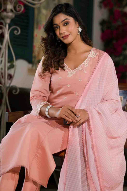 Baby Pink Colour Viscose Silk Stitched Pant Style Suit VSSS1140739