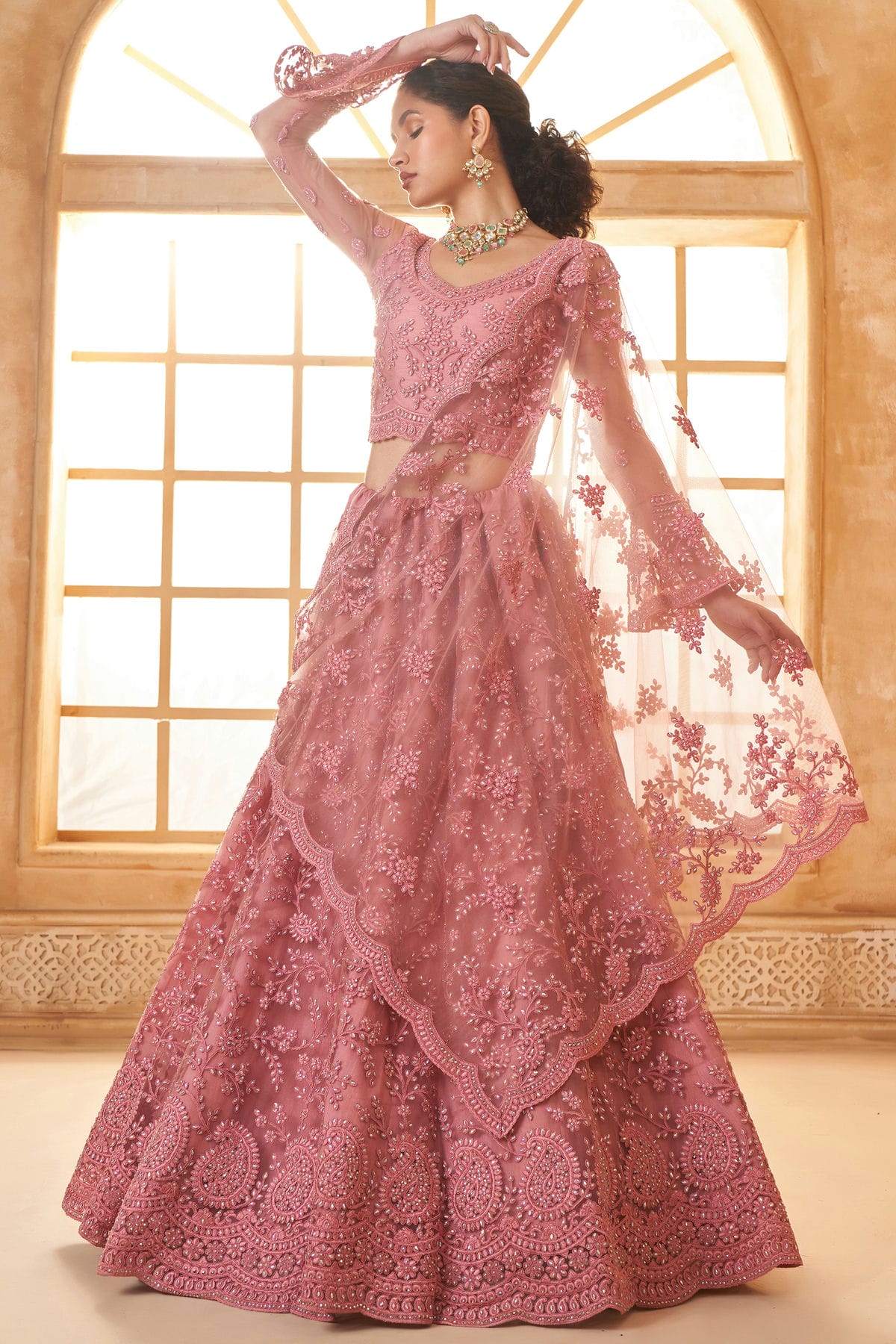 Baby Pink Embroidery Net and SilK Lehenga Choli VSLC1290147