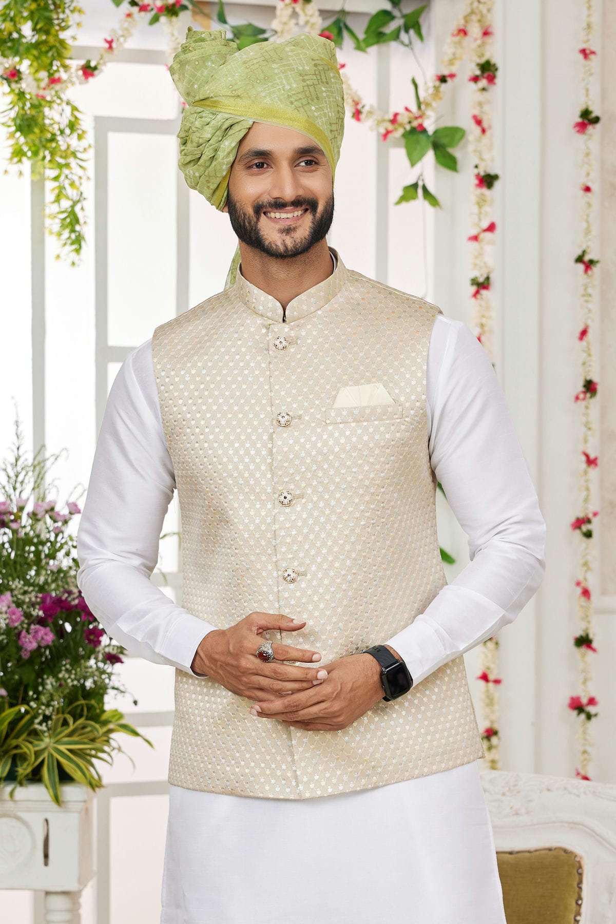 Beige Colour Art Silk Kurta Pajama With Jacket VSKP1230273