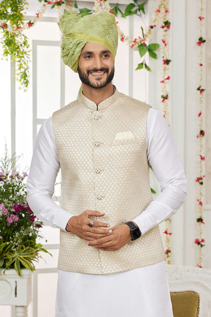 Beige Colour Art Silk Kurta Pajama With Jacket VSKP1230273