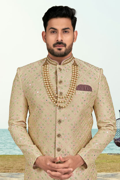 Beige Colour Banarasi Silk Sherwani VSSH1040516