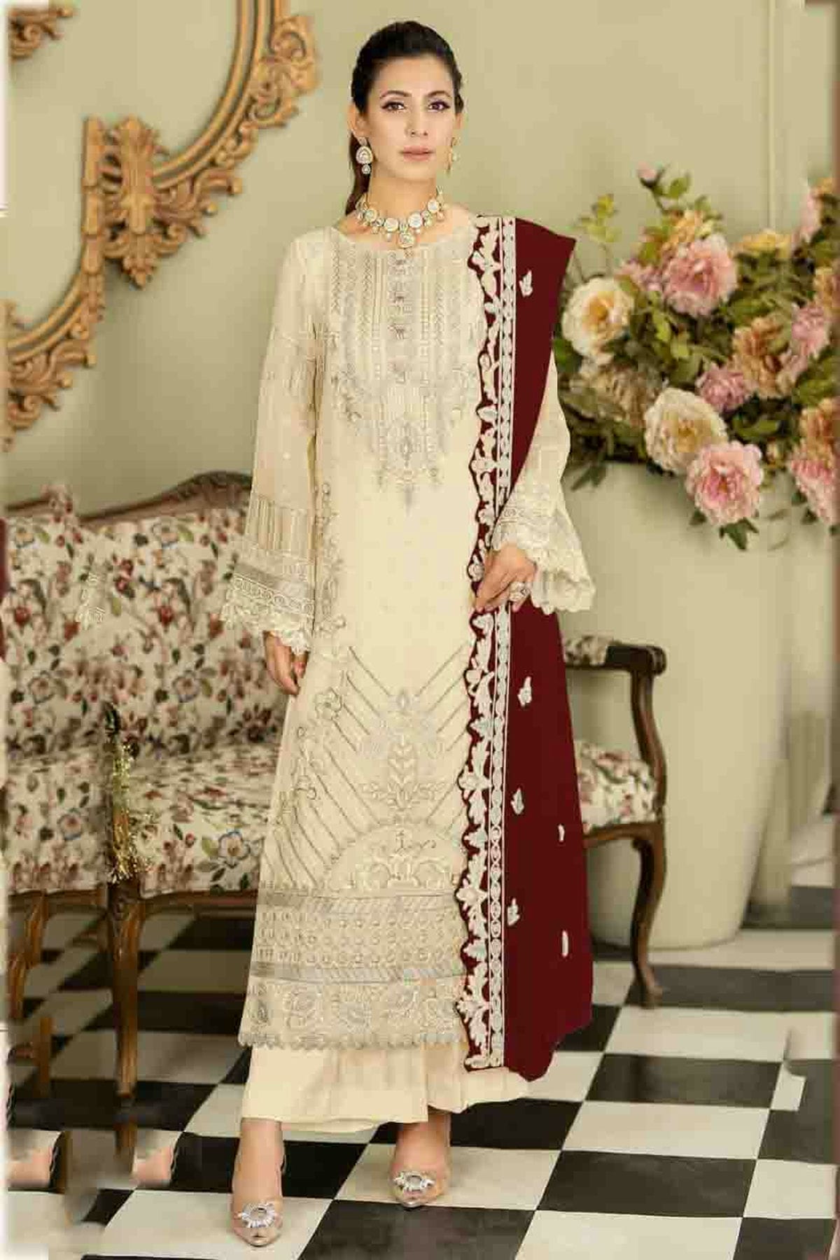 Beige Colour Faux Georgette Pakistani Suit VSSM1140878