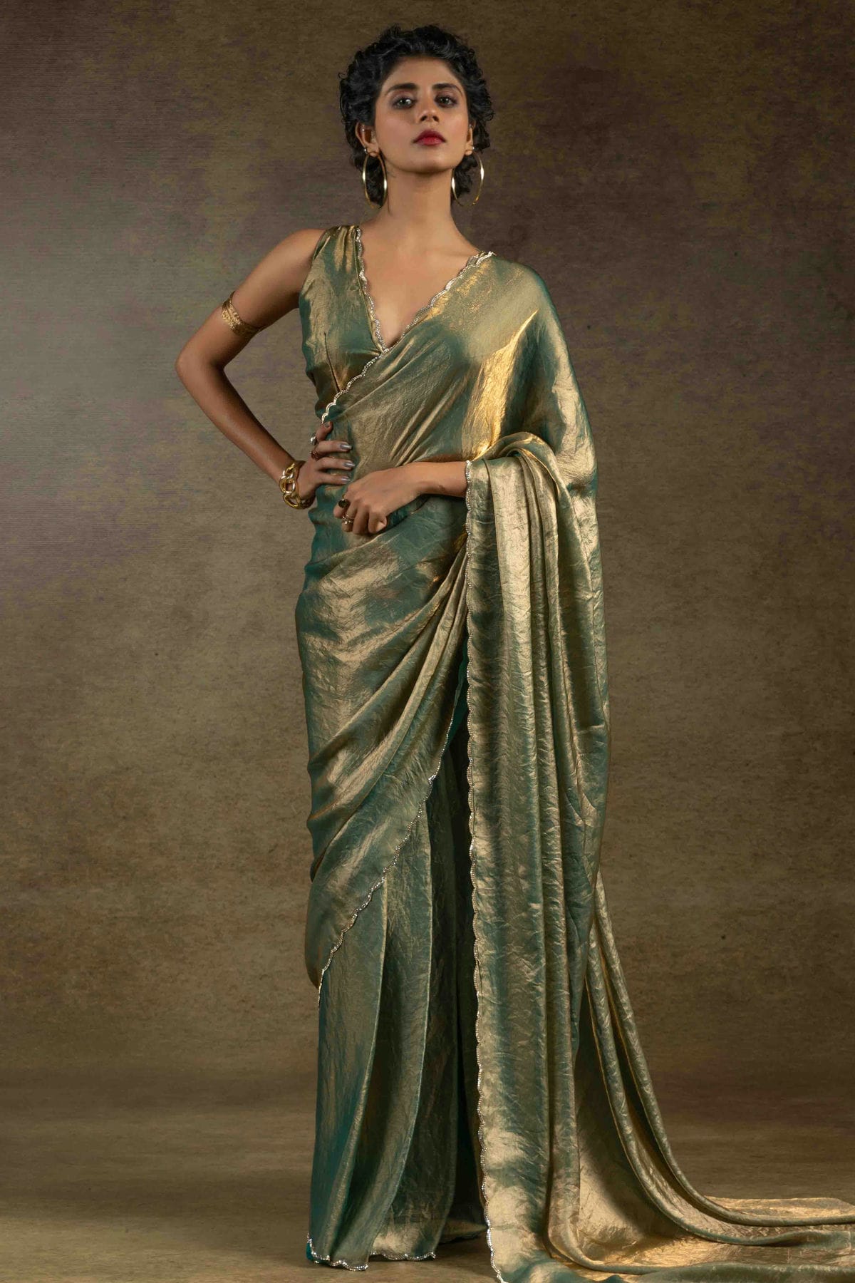 Beige Colour Fendi Satin Silk Ready To Wear Saree VSSD1122028
