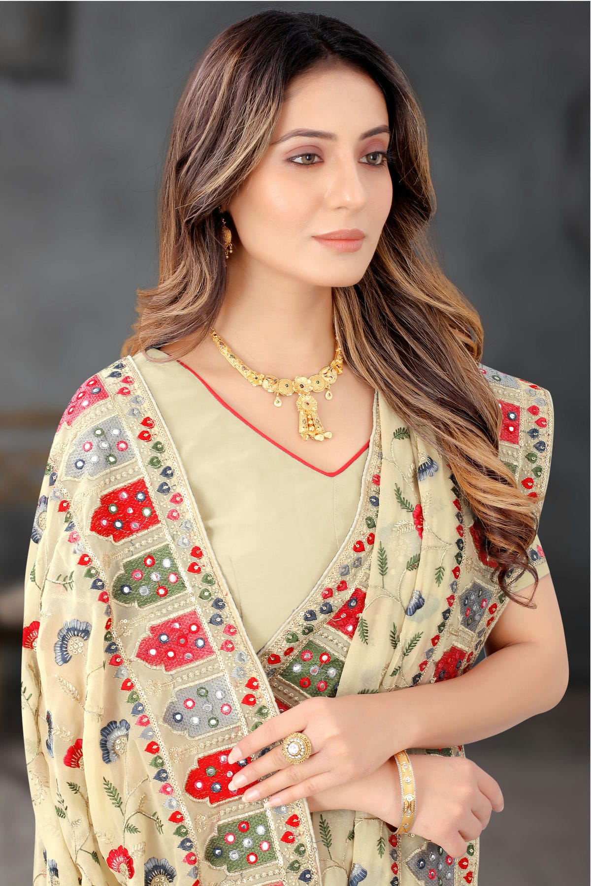 Beige Colour Georgette Designer Saree