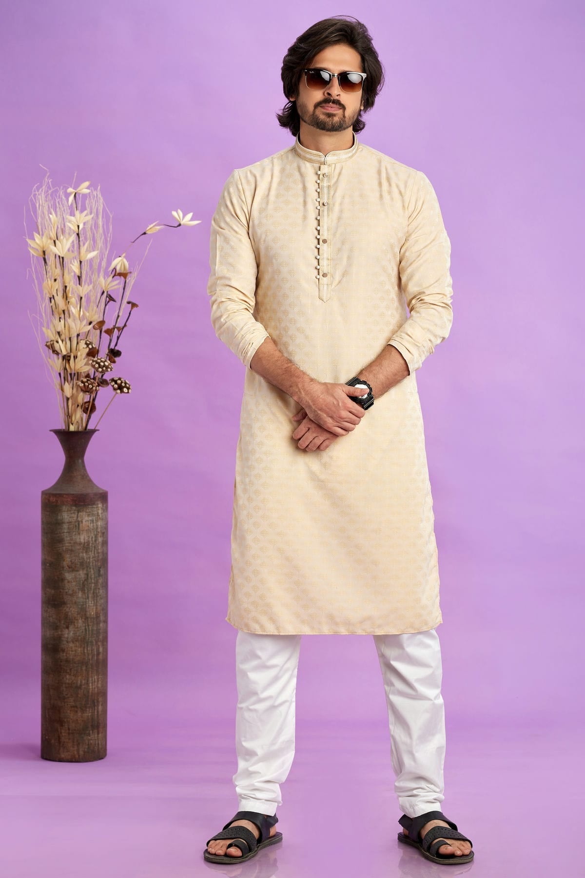 Beige Colour Jacquard Art Silk Pintex Work Kurta Pajama VSKP1230201