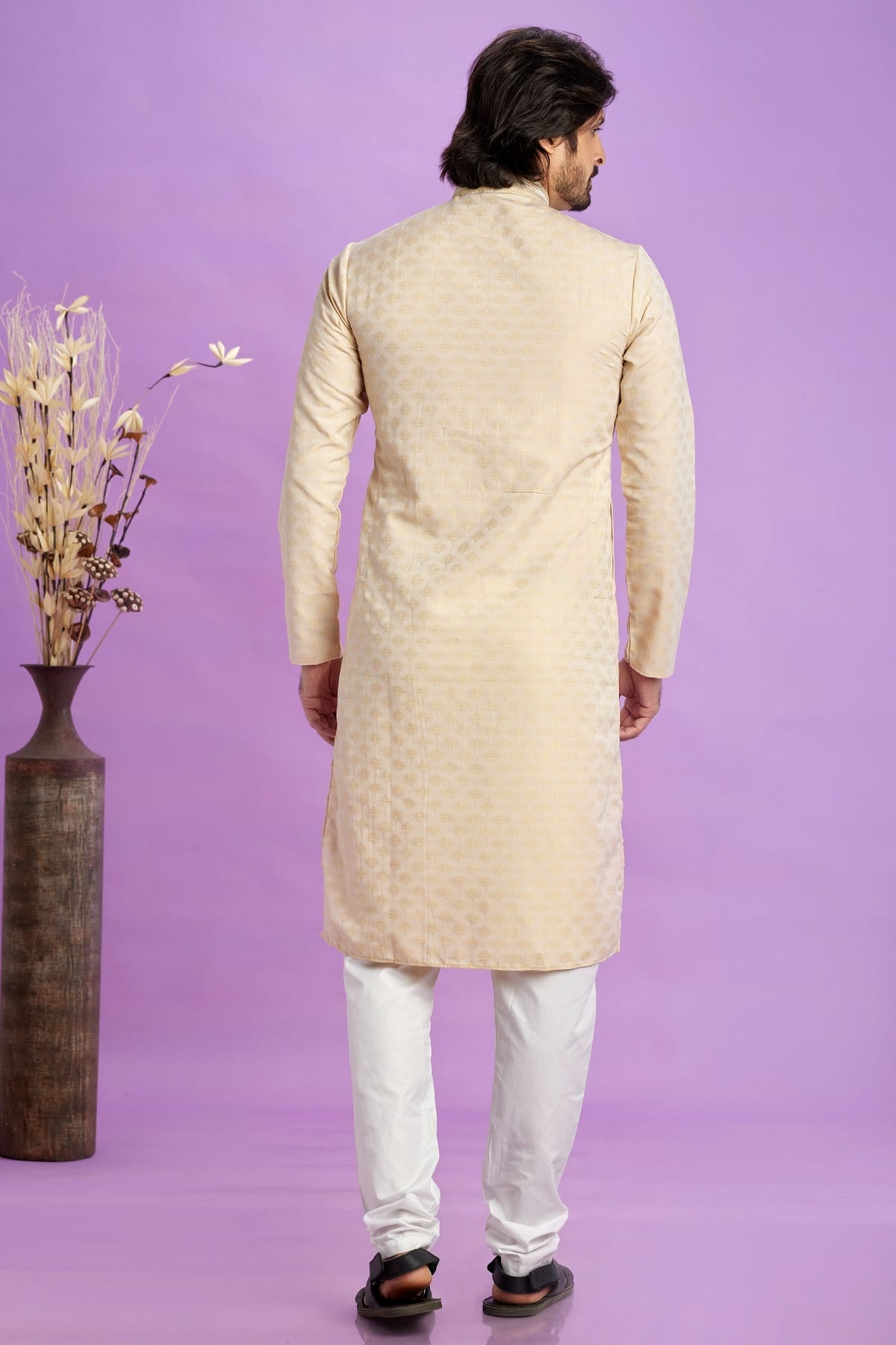 Beige Colour Jacquard Art Silk Pintex Work Kurta Pajama VSKP1230201