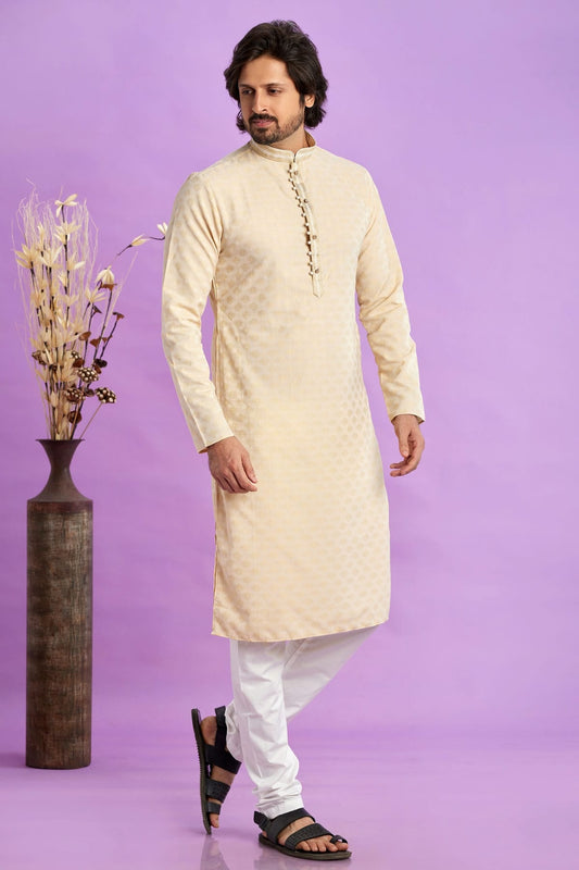 Beige Colour Jacquard Art Silk Pintex Work Kurta Pajama