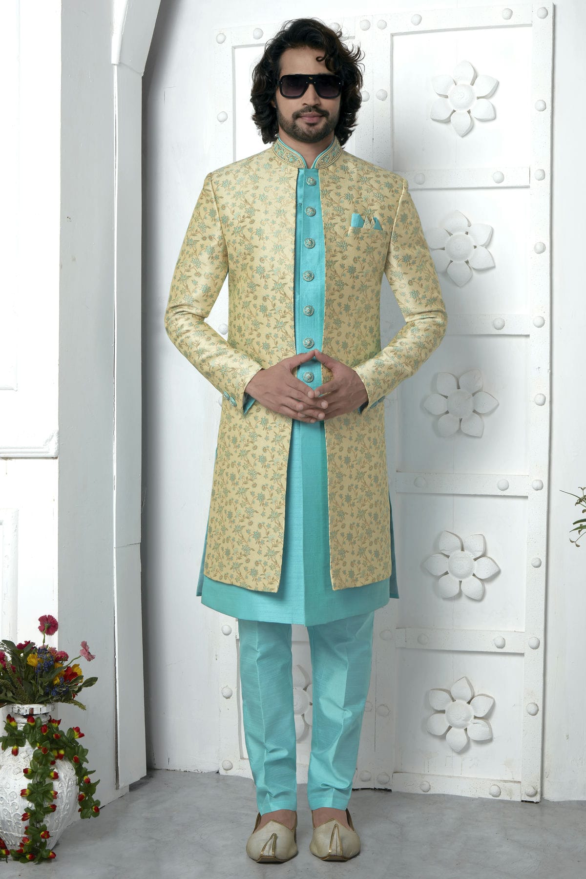 Beige Colour Jacquard Silk Indowestern Sherwani With Aligadhi Pant VSSH1230043