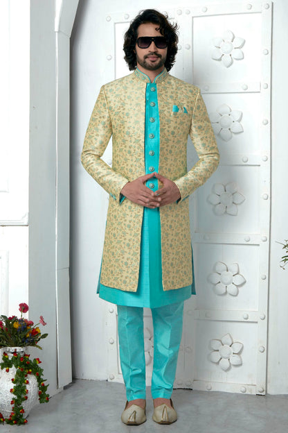 Beige Colour Jacquard Silk Indowestern Sherwani With Aligadhi Pant VSSH1230043