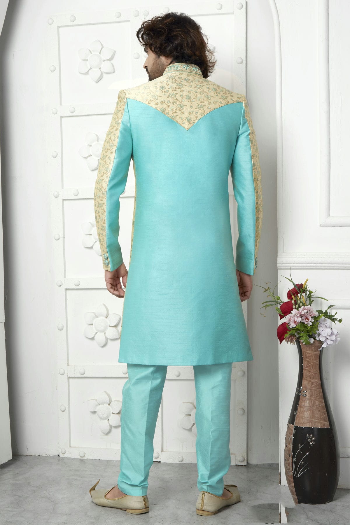 Beige Colour Jacquard Silk Indowestern Sherwani With Aligadhi Pant VSSH1230043