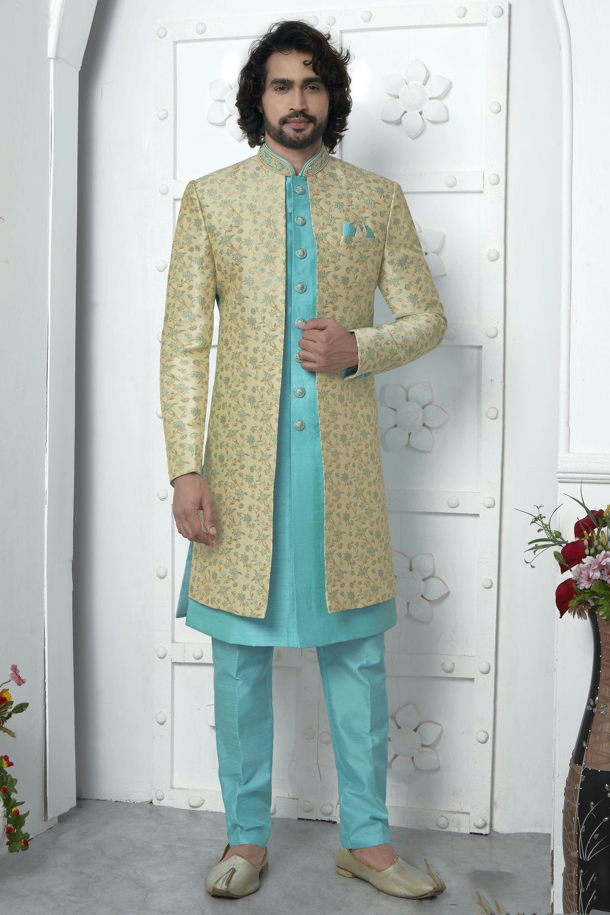 Beige Colour Jacquard Silk Indowestern Sherwani With Aligadhi Pant