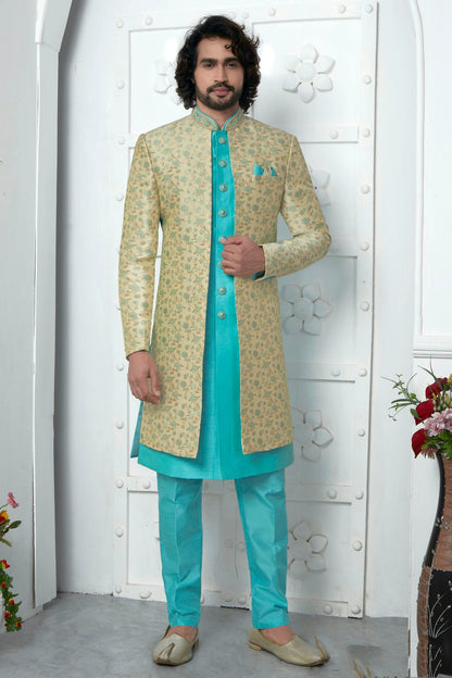 Beige Colour Jacquard Silk Indowestern Sherwani With Aligadhi Pant