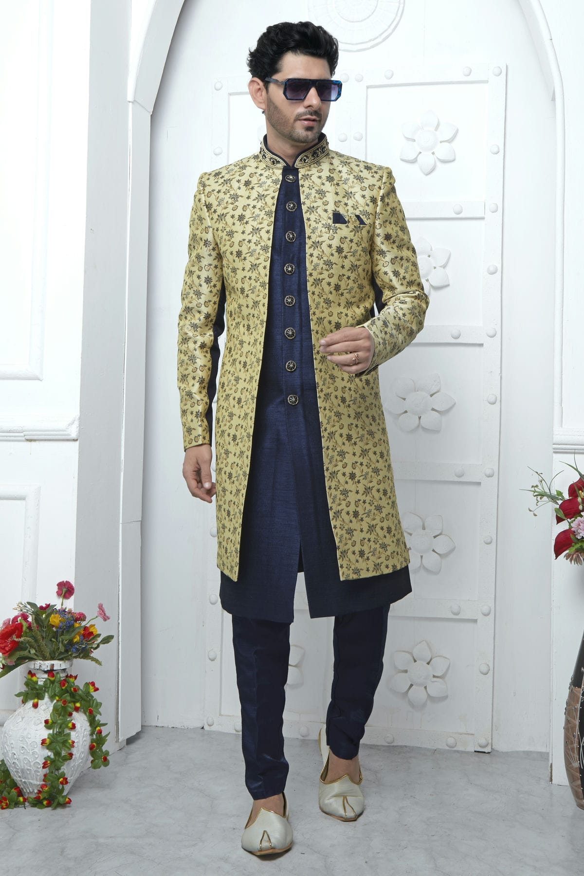 Beige Colour Jacquard Silk Indowestern Sherwani With Aligadhi Pant VSSH1230044