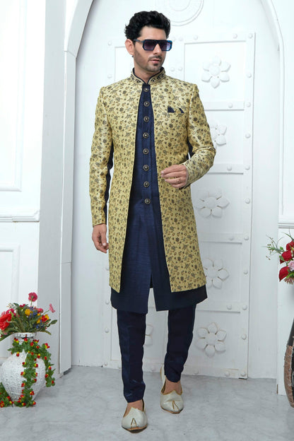 Beige Colour Jacquard Silk Indowestern Sherwani With Aligadhi Pant VSSH1230044