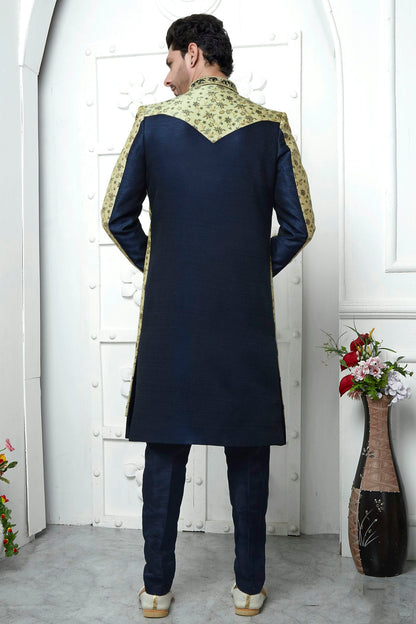 Beige Colour Jacquard Silk Indowestern Sherwani With Aligadhi Pant VSSH1230044