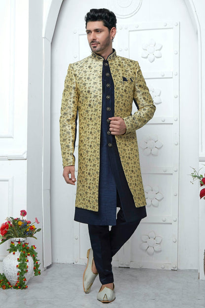 Beige Colour Jacquard Silk Indowestern Sherwani With Aligadhi Pant