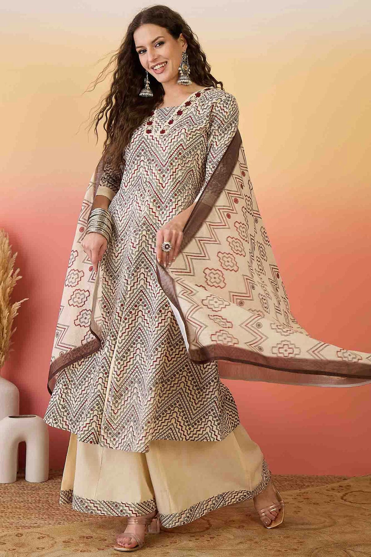 Beige Colour Khadi Silk Stitched Palazzo Pant Suit VSSS1113937