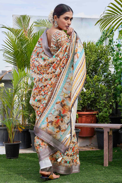 Beige Colour Linen Blend Printed Saree VSSD1111643