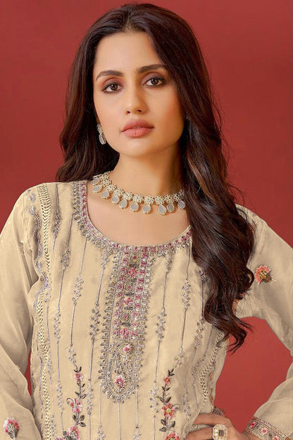 Beige Colour Semi Stitched Organza Pakistani Suit VSSM1140171