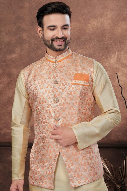 Beige Colour Silk Dupion Jacket Kurta Pajama VSKP1040654