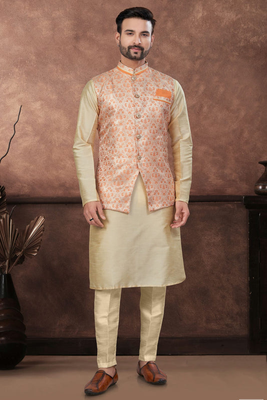 Beige Colour Silk Dupion Jacket Kurta Pajama