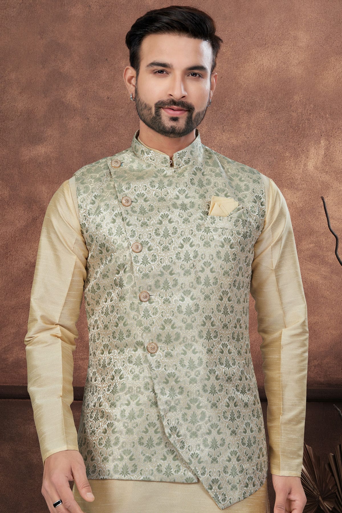 Beige Colour Silk Dupion Jacket Kurta Pajama VSKP1040656