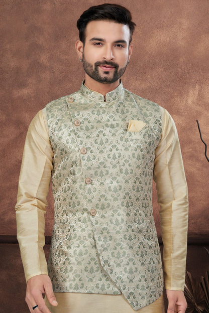 Beige Colour Silk Dupion Jacket Kurta Pajama VSKP1040656