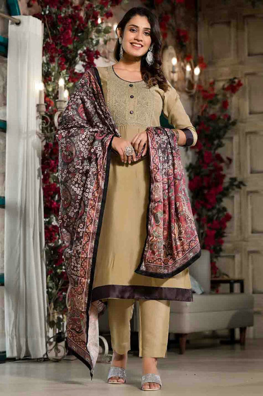 Beige Colour Silk Stitched Pant Style Suit VSSS1140736
