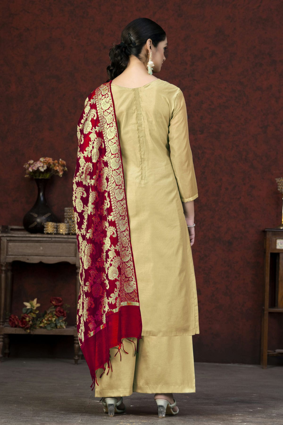 Beige Colour Unstitched Banarasi Jacquard Palazoo Pant Suit VSUS1161380