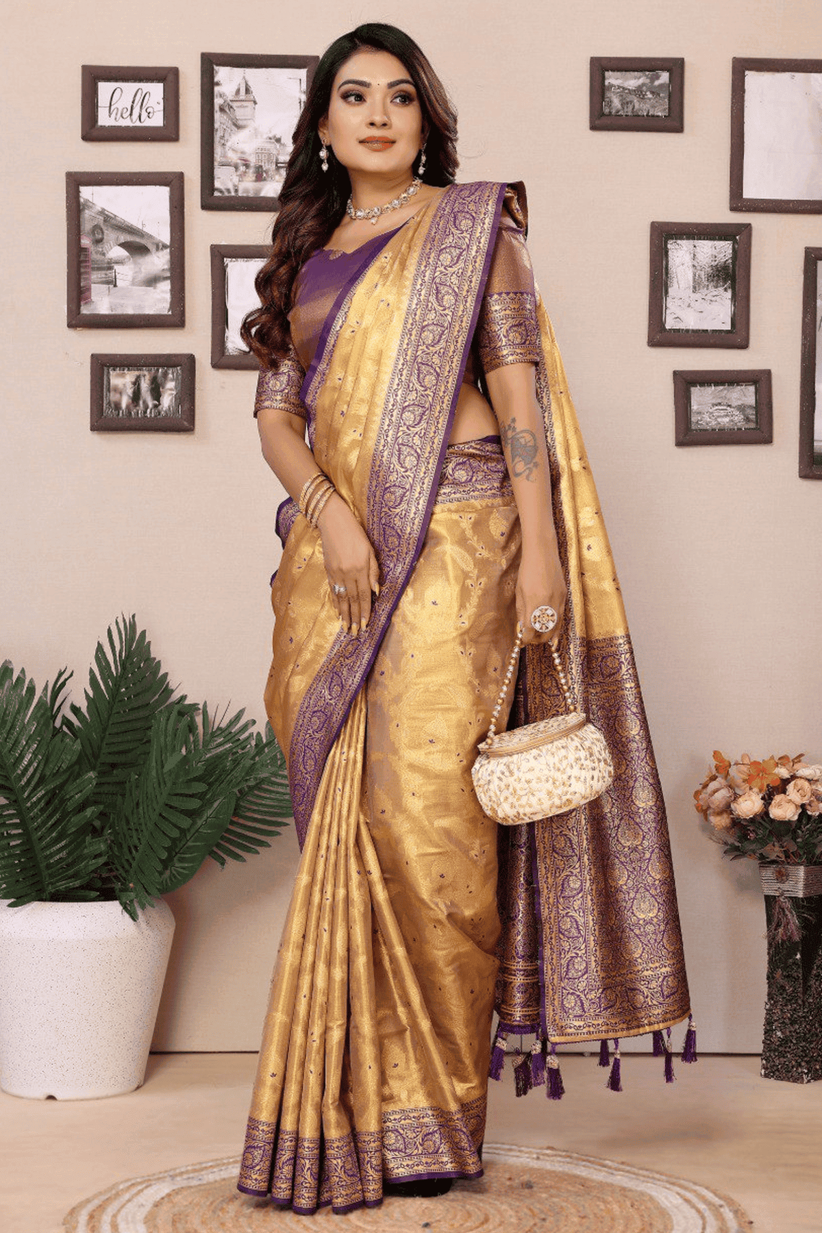 Beige Colour Woven Work Pure Banarasi Tissue Silk Traditional Saree
