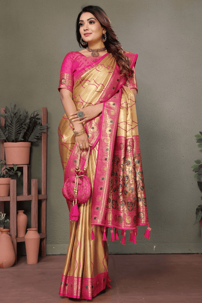 Beige Colour Woven Work Pure Banarasi Tissue Silk Traditional Saree