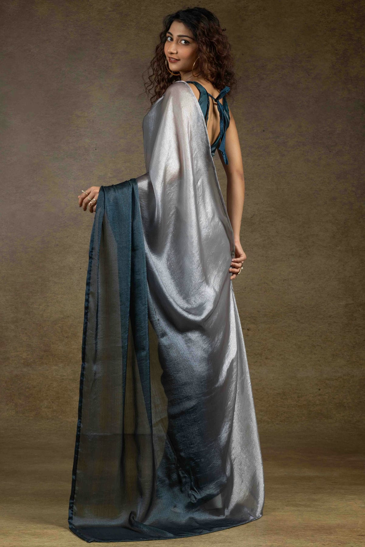 Beige and Teal Colour Fendi Satin Silk Ready To Wear Saree VSSD1122015