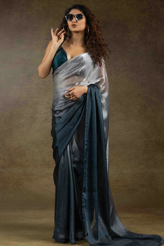 Beige and Teal Colour Fendi Satin Silk Ready To Wear Saree VSSD1122015