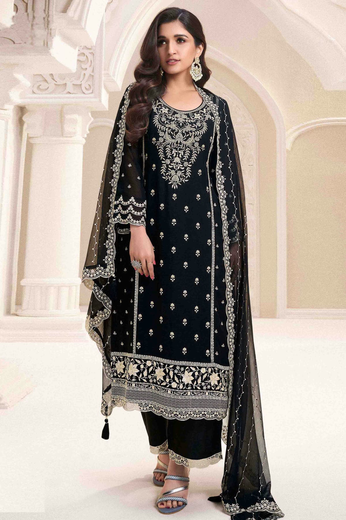 Black Colour Chiffon Palazzo Pant Suit VSSM1113192