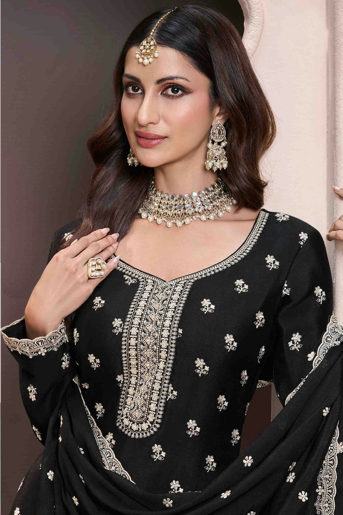 Black Colour Chinon Palazzo Pant Suit VSSM1140926