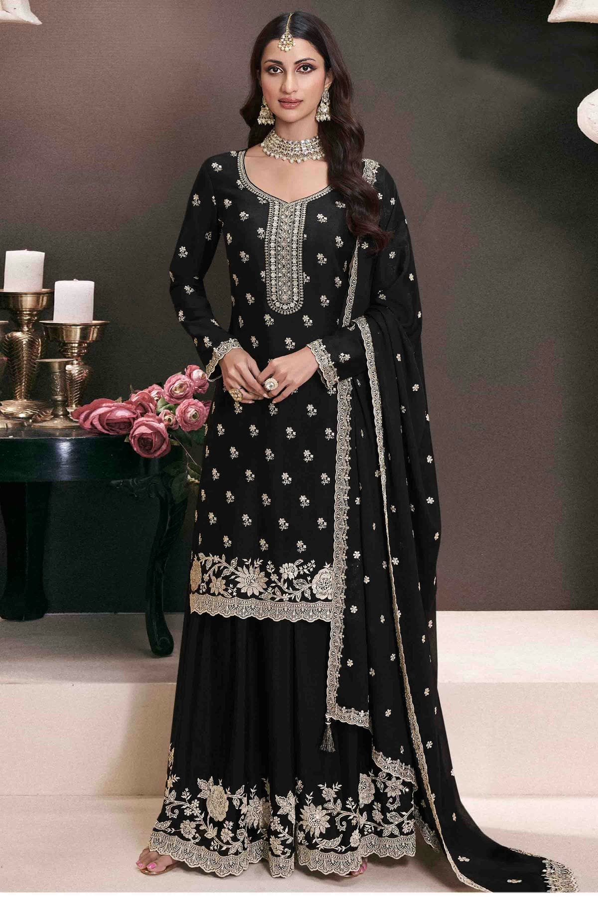 Black Colour Chinon Palazzo Pant Suit VSSM1140926