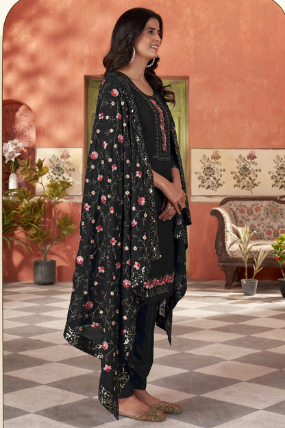 Black Colour Embroidery Georgette Stitched Suit