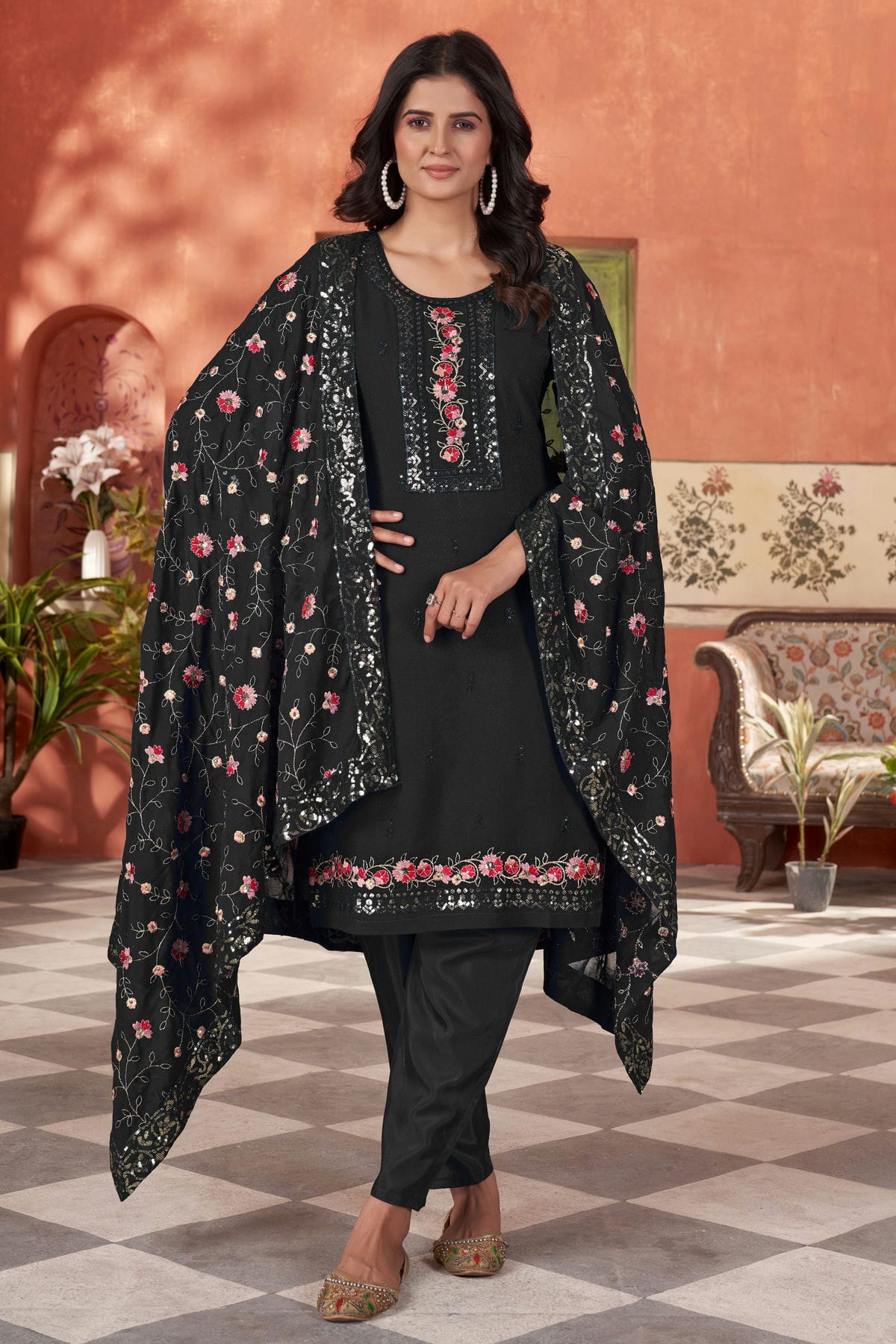Black-Colour-Embroidery-Georgette-Stitched-Suit-VSSS1112507