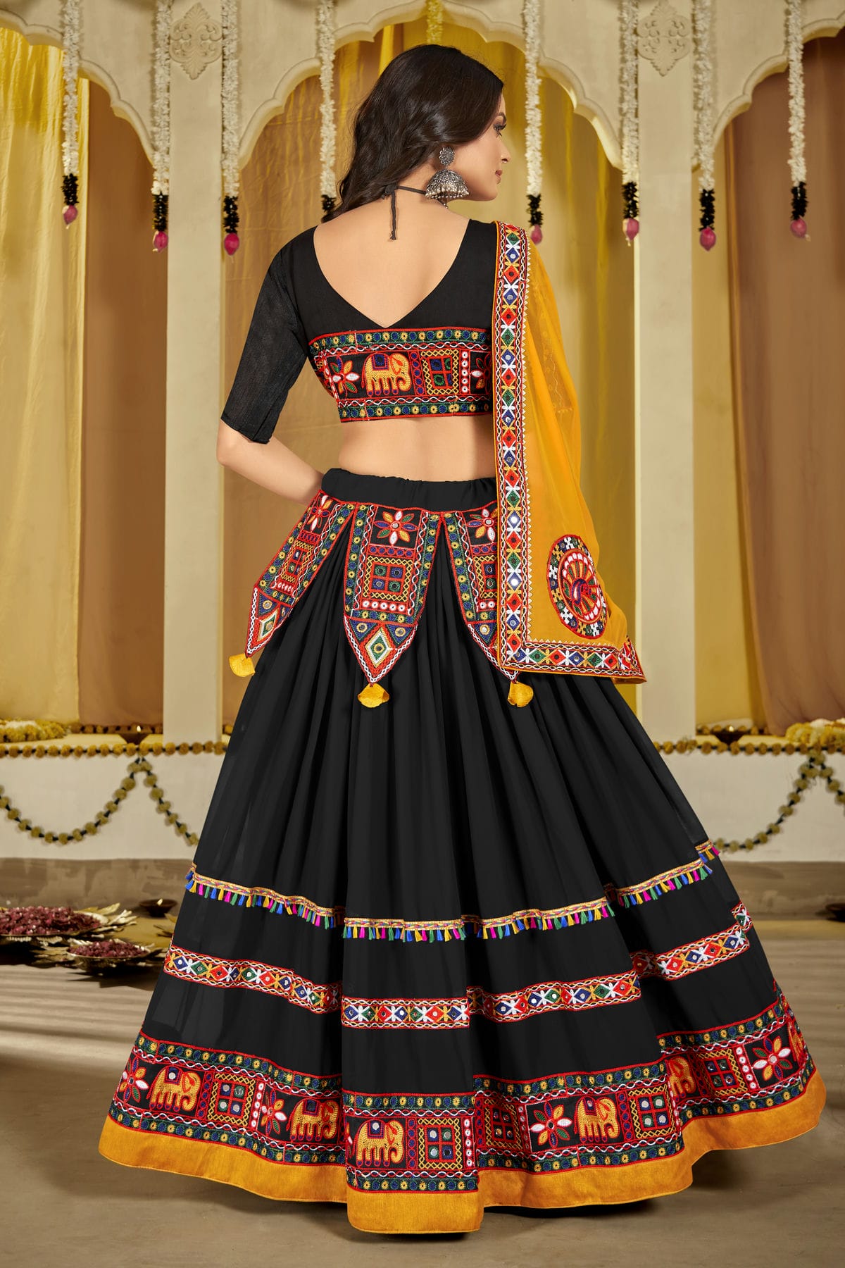 Black Colour Embroidery Work Georgette Navratri Lehenga VSLD1170019