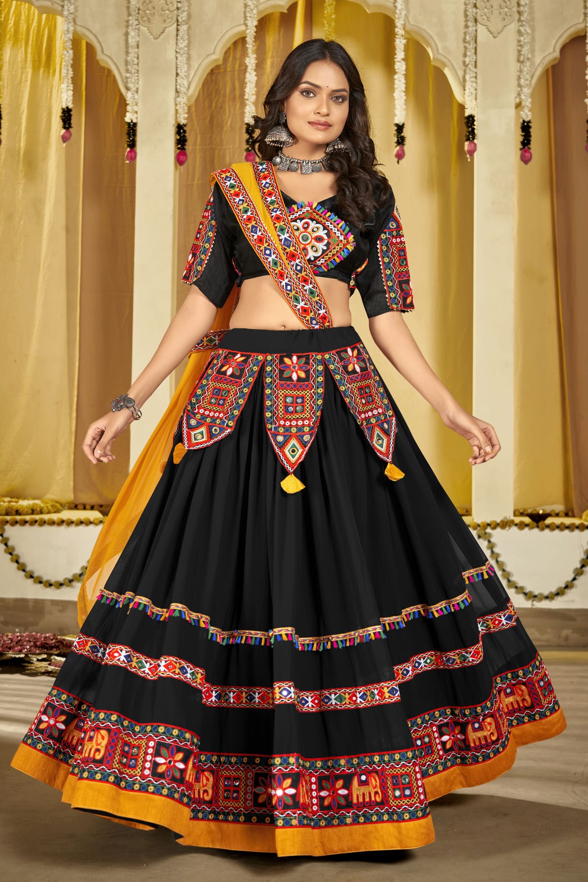 Black Colour Embroidery Work Georgette Navratri Lehenga