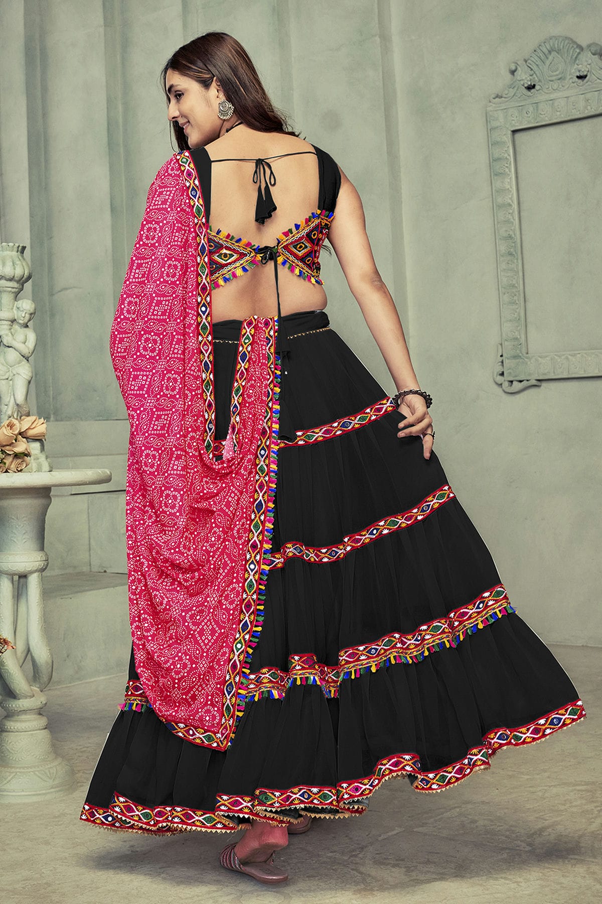 Black Colour Embroidery Work Georgette Navratri Lehenga VSLD1170027