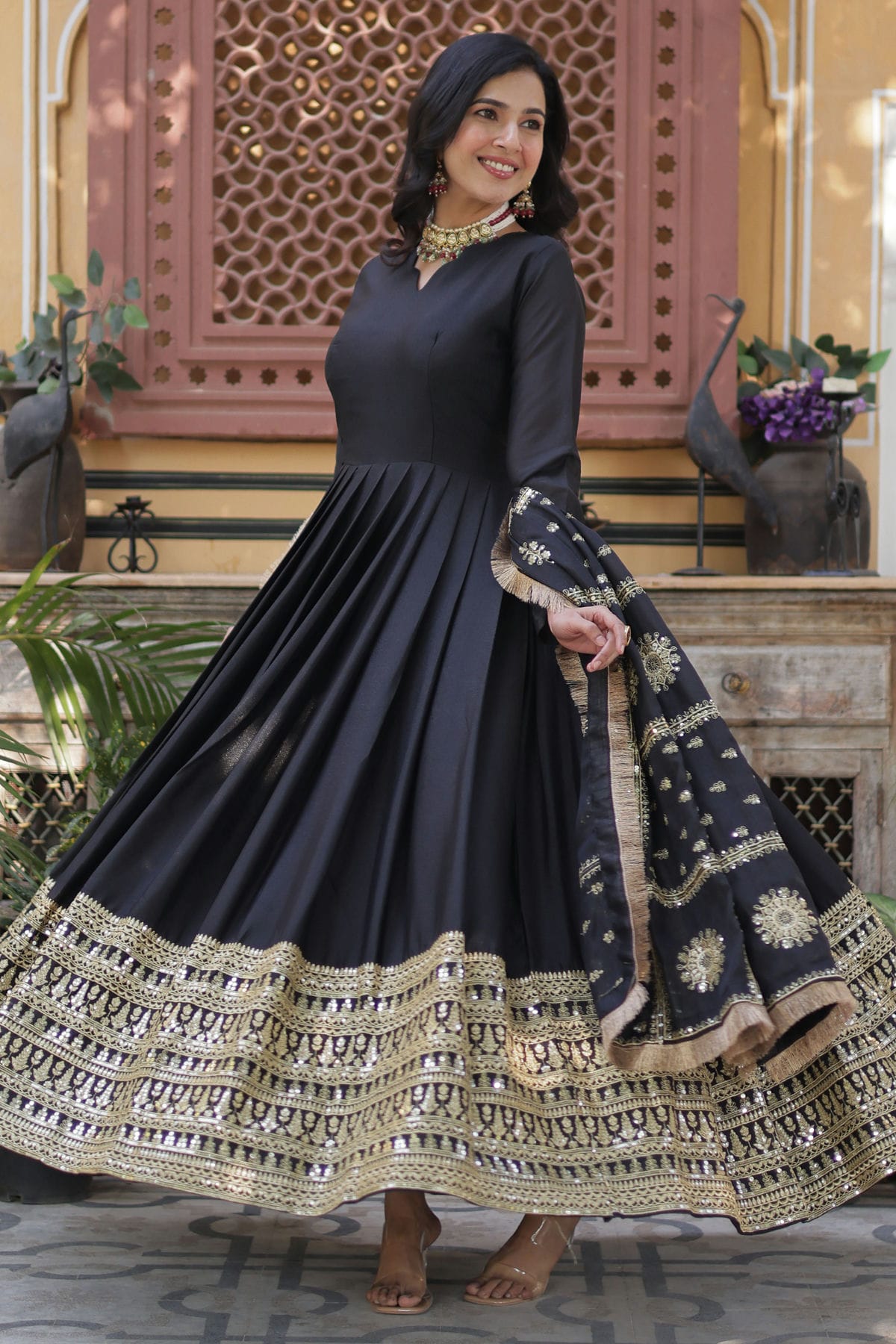 Black-Colour-Faux-Georgette-Fabric-Stitched-Gown-VSGW Black-Colour-Faux-Georgette-Fabric-Stitched-Gown-VSGW