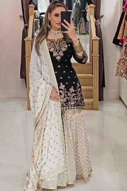 Black Colour Faux Georgette Stitched Sharara Suit VSSS1140974