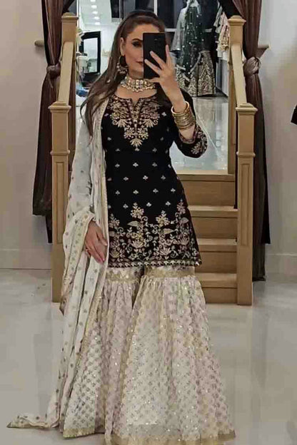 Black Colour Faux Georgette Stitched Sharara Suit VSSS1140974