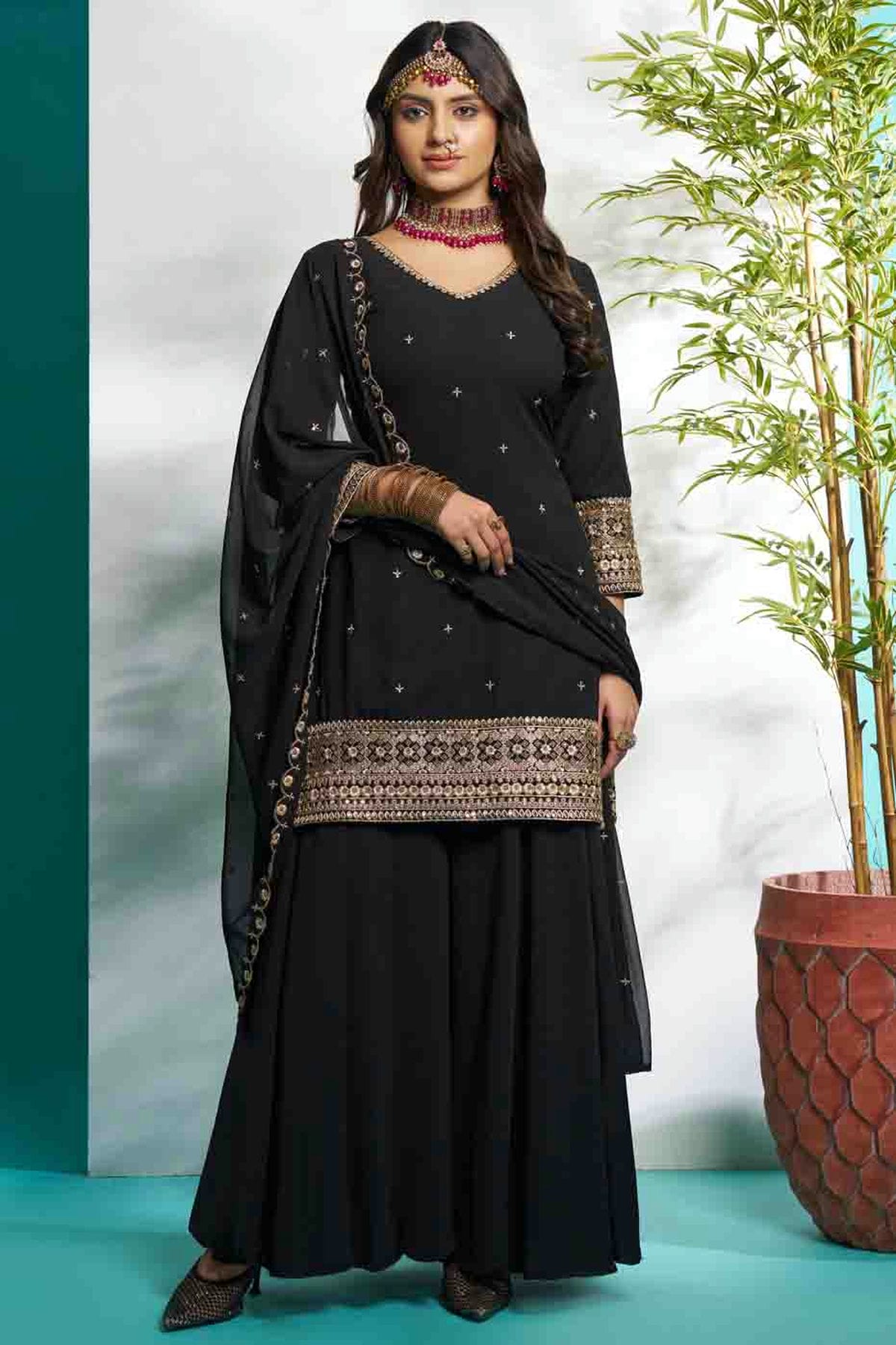 Black Colour Faux Georgette Stitched Suit VSSS1112896