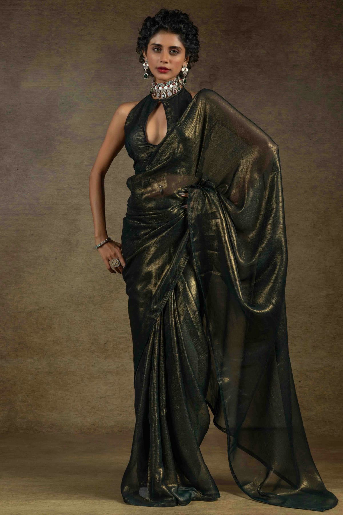 Black Colour Fendi Satin Ready To Wear Saree VSSD1122011