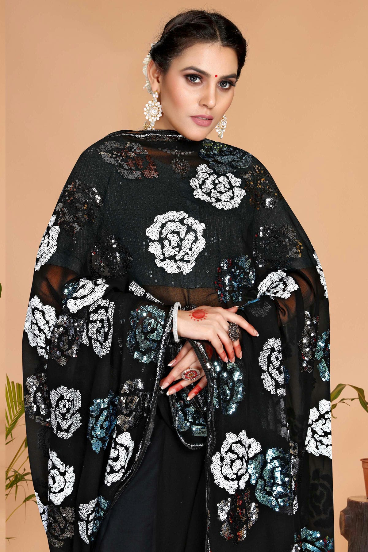 Black Colour Georgette Designer Saree