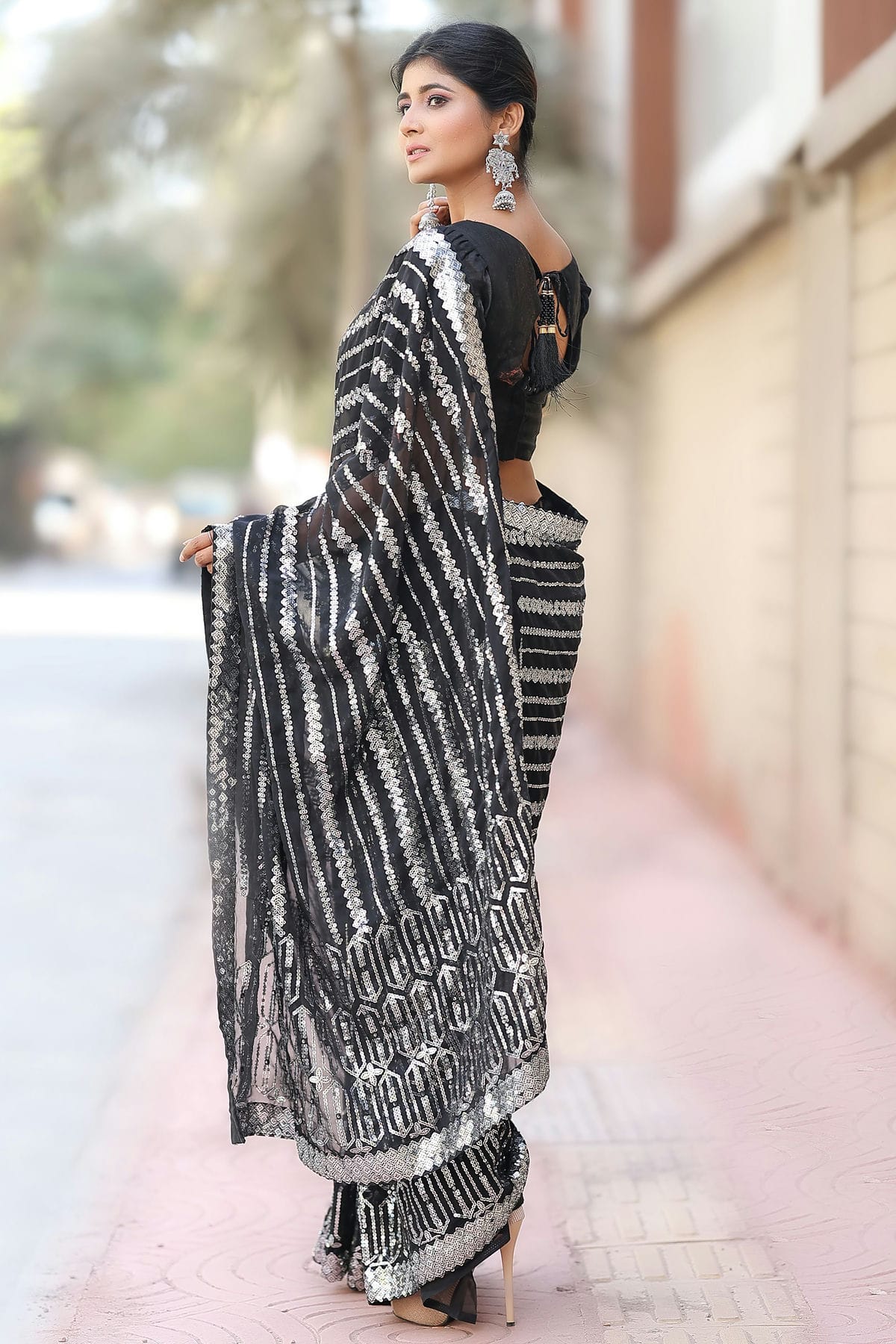 Black Colour Georgette Designer Saree