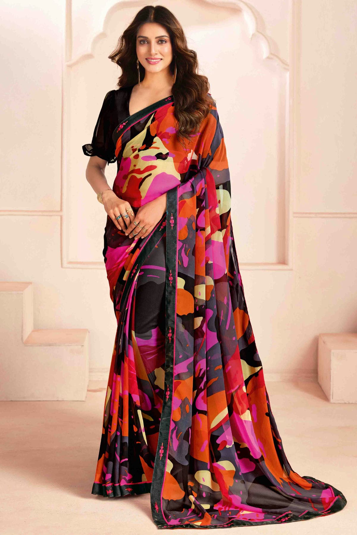 Black Colour Georgette Digital Printed Printed Saree VSSD1113600